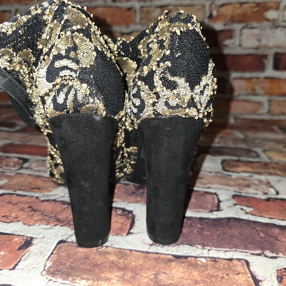 BAMBOO Black and Gold Floral Heeled Boots - Picture 3 of 8